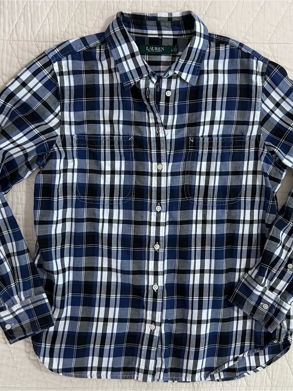 Lauren by Ralph Lauren —Royal Blue, Black, White Plaid Button-Down Shirt